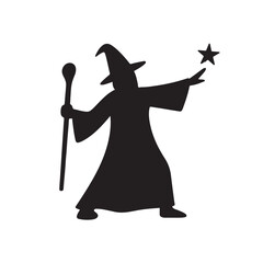 Wizard Casting a Spell with Staff Silhouette, Minimal Outline Magic Icon Vector