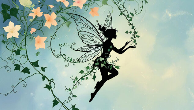 美しい自然に囲まれた妖精のシルエット