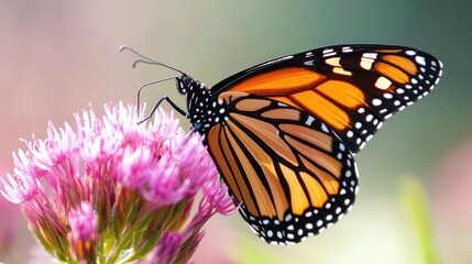 Fototapeta premium Monarch butterfly feeding on pink flower. Vibrant colors and intricate details