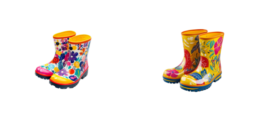 Pair floral rainboots, yellow and white, colorful footwear, cut out transparent
