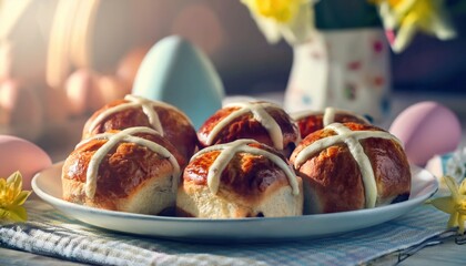 freshly baked hot cross buns on ceramic plate with spring easter decor and quail eggs for seasonal branding, print, or web design use