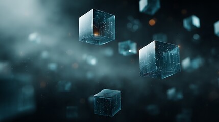 Futuristic Cubes Floating in Dark Space Digital Technology Abstract Background