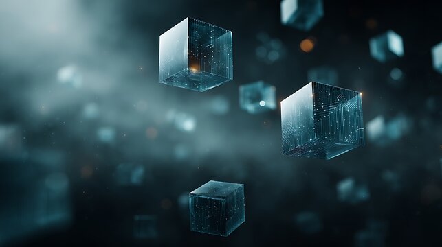 Futuristic Cubes Floating in Dark Space Digital Technology Abstract Background - Powered by Adobe
