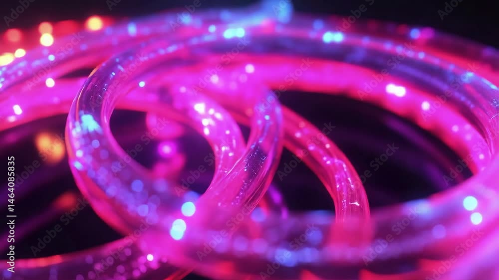 Poster glowing neon tubes in vibrant pink and blue, intertwined in circular patterns, sparkling with tiny l