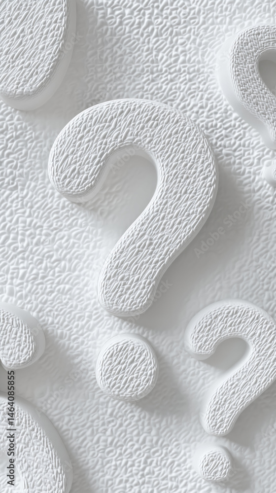 Poster White textured background with embossed question marks, creating a curious and inquisitive mood, ideal for a puzzle or problem-solving concept