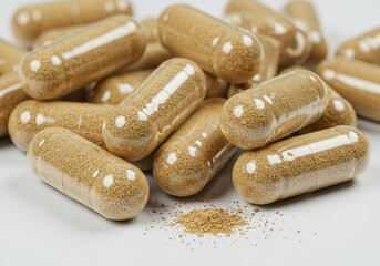 Close-up of herbal supplement capsules scattered on a white surface with some loose powder