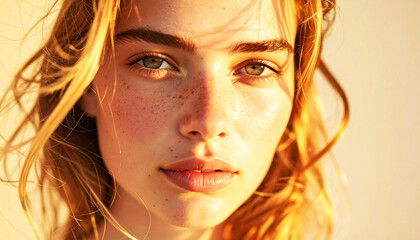 portrait of a young woman, young woman face glowing in golden hour light, with natural shadows and soft expression, Ideal for beauty, skincare, emotional storytelling them, beautiful girl