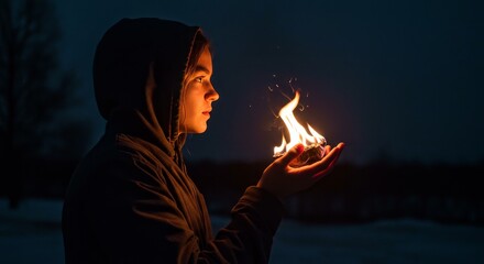 Teenage Boy Holds Fire Sparkles in Dark Outdoor Winter Night
