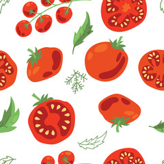 Seamless pattern of ripe tomatoes. Vegetables. Red tomatoes. Juicy Harvest. Healthy food. Vector illustration.