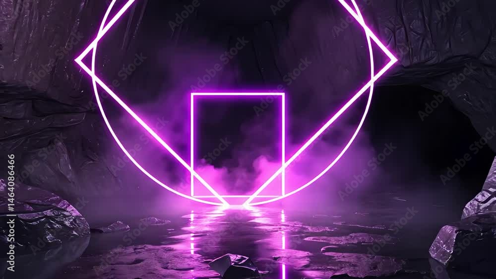 Poster futuristic neon-lit geometric shapes in a dark mystical cave setting with glowing reflections on the