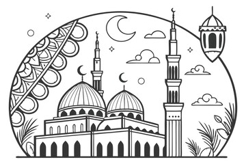 91 Black and white illustration, Islamic architecture, mosque skyline, circular composition, intricate line drawing, minarets and domes, abstract design, cloud-like shapes, whimsical elements, floatin