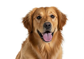 Close-up of a golden retriever dog with its mouth open and tongue sticking out on a white background