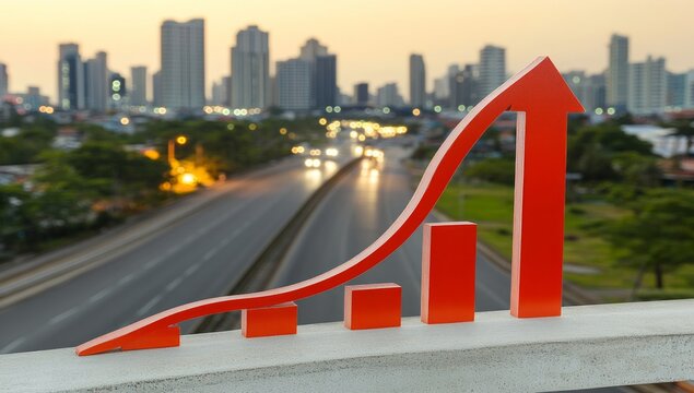 Red Growth Chart Over City Highway at Dusk
