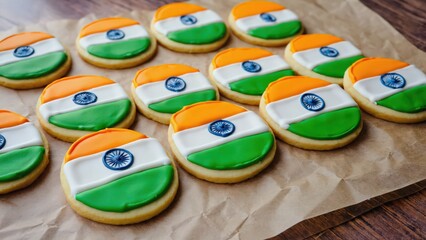 Close-up Round sugar cookies decorated with the Indian national flag colors and Ashoka Chakra, arranged on parchment paper