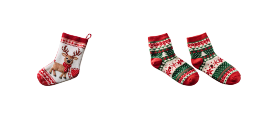 Holiday socks and stocking, festive wool fabric, seasonal decor, cut out transparent