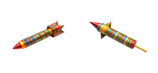 Two decorative firework rockets, multicolor, festive, handmade, cut out transparent