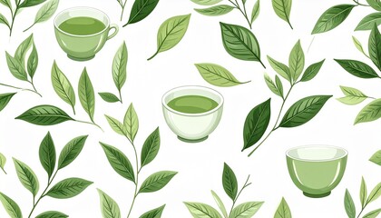 seamless pattern featuring hand drawn elements of green tea leaves, branches, and tea cups, rendered in a traditional Chinese style against a white background, Chinese tea graphic, Asian beverage