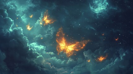 Obraz premium Glowing celestial beings drifting through clouds radiant wings illuminated by moonlight cinematic ethereal sky