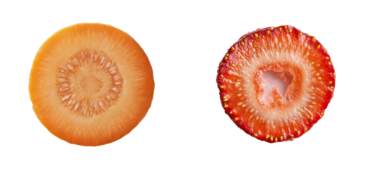 Close up of sliced carrot and strawberry, cut out transparent