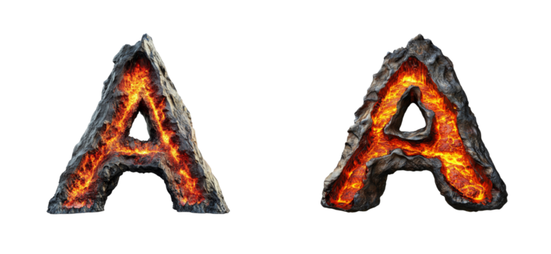 Two fiery A letters, molten rock alphabet, typography element, cut out transparent