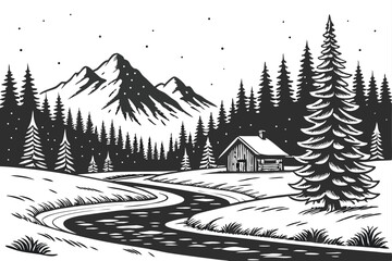 92 Black and white illustration, mountain landscape, pine forest, winding river, small cabin, snow-covered ground, cloudy sky, detailed linework, woodcut style, winter scene, serene wilderness, panora