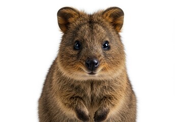 Fototapeta premium Close-up portrait of a cute quokka with brown fur looking at the camera on a white background
