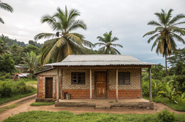 Low-cost rural home with tin roof, red brick walls, basic wooden door and veranda in tropical countryside, traditional modest house in peaceful village landscape