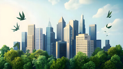 Obraz premium Modern Green City Skyline with Energy Efficient Buildings and Lush Nature Elements in Minimalist Design