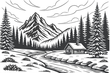 92 Black and white illustration, mountain landscape, pine forest, winding river, small cabin, snow-covered ground, cloudy sky, detailed linework, woodcut style, winter scene, serene wilderness, panora