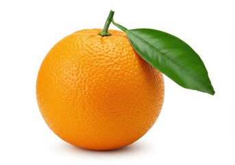 Single ripe orange with stem and green leaf isolated on white background in a studio shot