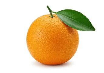 Single orange fruit with a green leaf attached to the stem on a white background