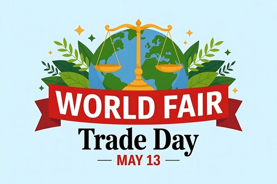 World Fair Trade Day flat illustration with Earth globe, justice scale, red banner, foliage, and date May 13