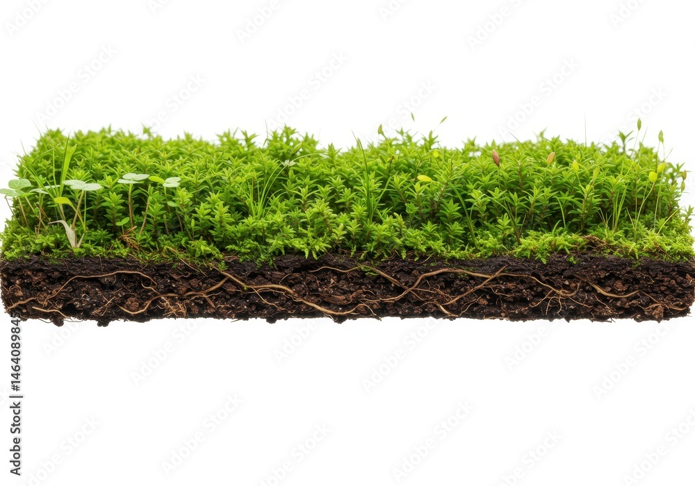 Poster close-up of a square section of green moss and soil with visible roots against a white background
