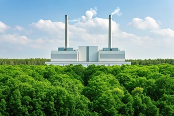 Fototapeta premium A modern power plant with two smokestacks rises above a dense, green forest under a blue sky with clouds.