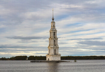 View from the city embankment to the bell tower of St. Nicholas Cathedral. Kalyazin, Tver region, Russia