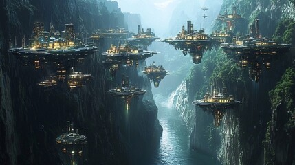 Glowing city built floating platforms hovering in a massive canyon cinematic high tech floating civilization