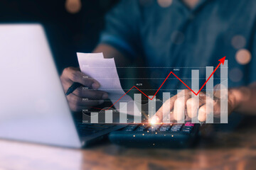 Business finance and investment concepts, entrepreneurs analyze economic growth charts for business finance and financial decisions, stock market reports, strategies, data collection, forecasts.