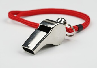 Close-up of a shiny metal whistle with a red braided lanyard on a white surface, ready for sports or safety