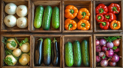 Fresh vegetables arranged in wooden crates.