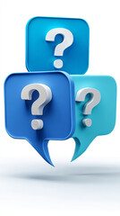 Three blue speech bubbles with white question marks, showcasing inquiry, question, and FAQ concepts