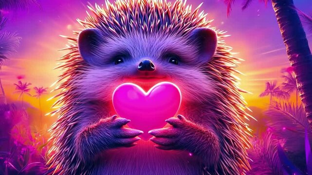 Cute hedgehog holding heart-shaped light in tropical sunset magic. The 14th of February. Happy Valentine's Day
