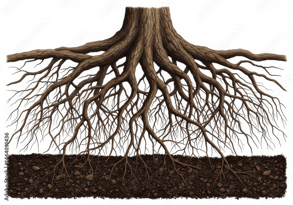 Poster detailed illustration showcasing the intricate root system of a tree extending into the earth below 