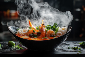 Bright hot red-orange tom yum soup