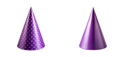 Two purple birthday hats with white dots, cut out transparent