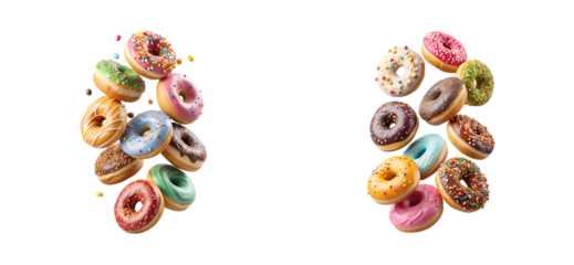 Assorted colorful donuts, tasty pastries, snacks, treats, cut out transparent