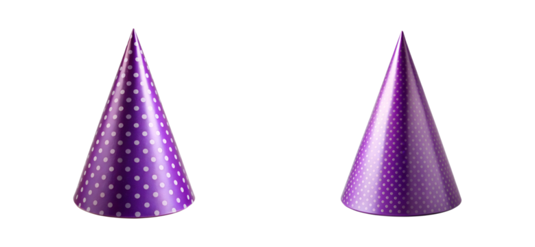 Two purple birthday hats with white dots, cut out transparent