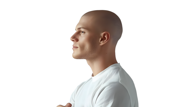 Portrait of confident bald man wearing white shirt, side view, isolated on transparent background