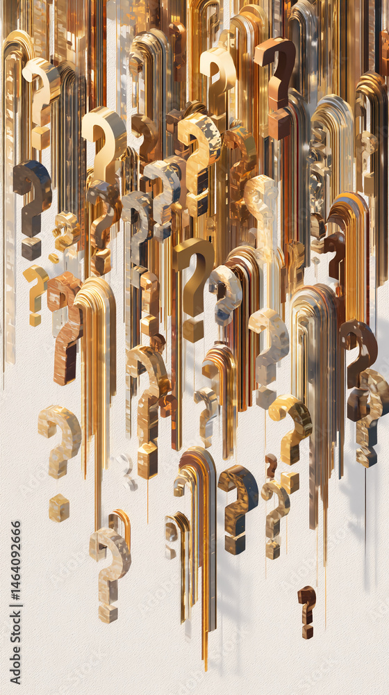 Poster Numerous gold and brown question marks descend against a beige backdrop, creating a visual representation of inquiry, uncertainty, or the search for answers