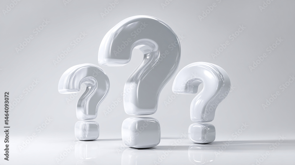 Poster three glossy white question marks on a white background, representing inquiry, uncertainty, or the s