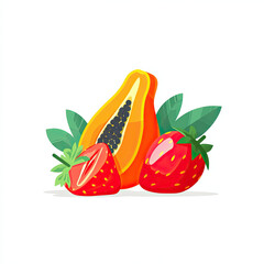 Bright red strawberry and sliced papaya with green leaves, fresh tropical fruit illustration with vibrant colors and juicy texture, perfect for healthy food design